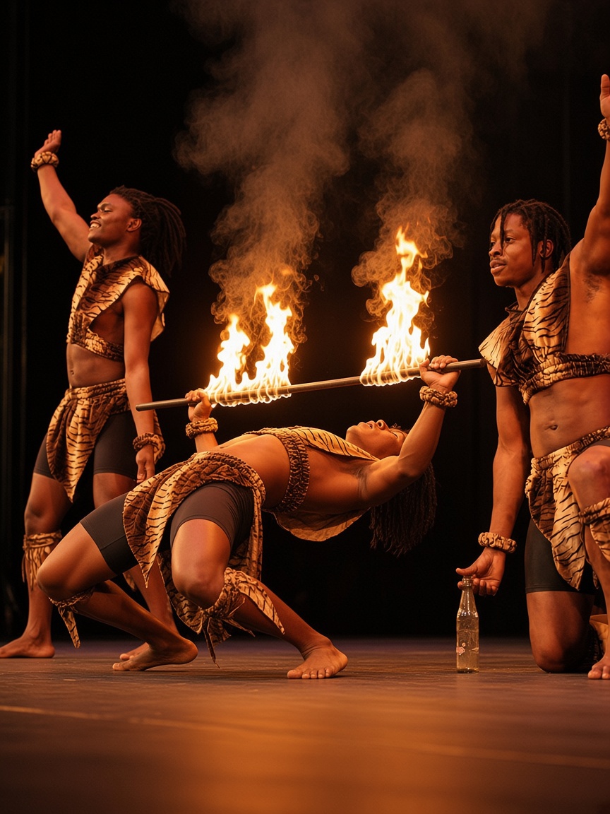 African acrobat performing fire limbo on stage
