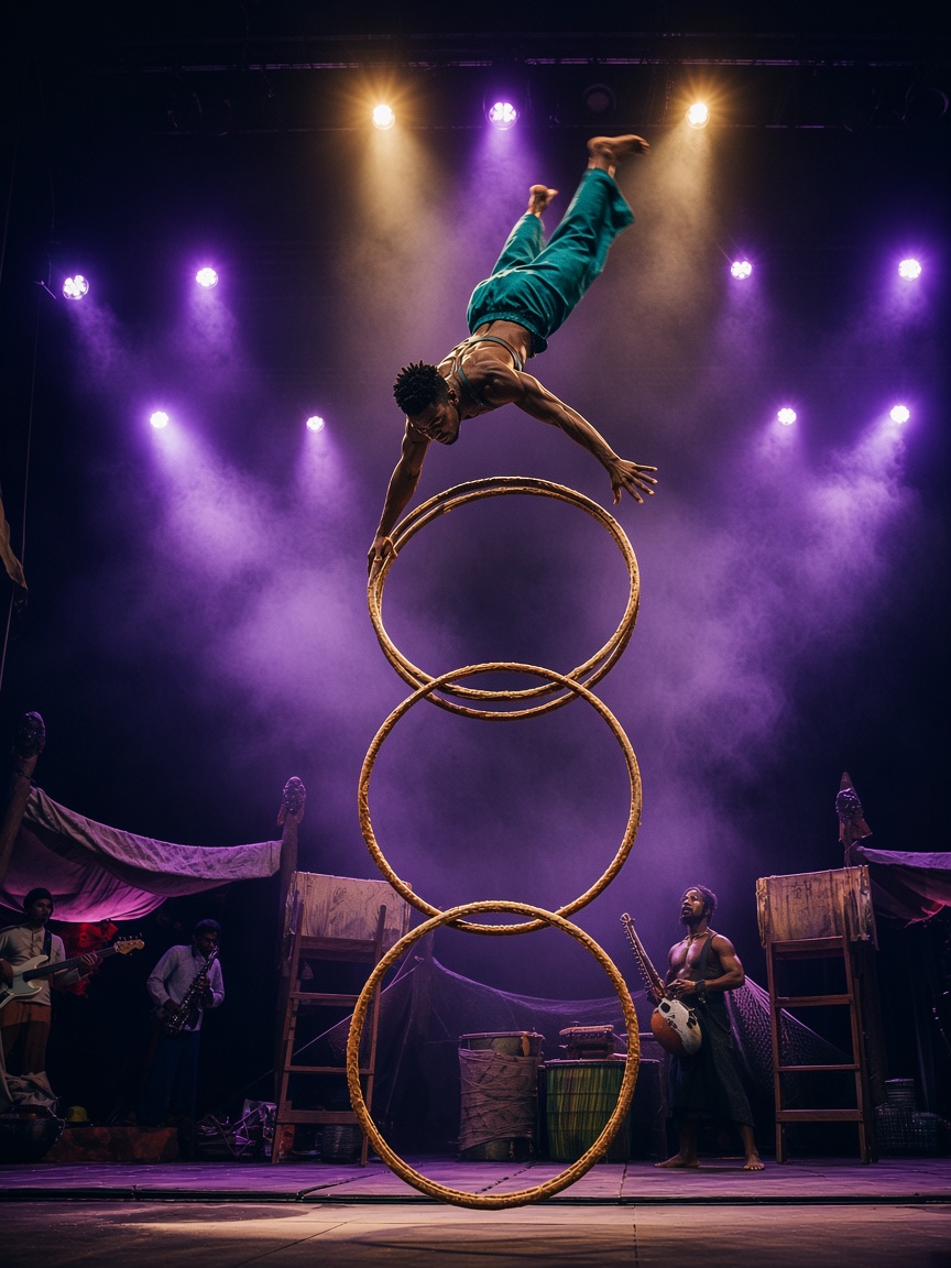 Acrobat diving through stacked wooden hoops