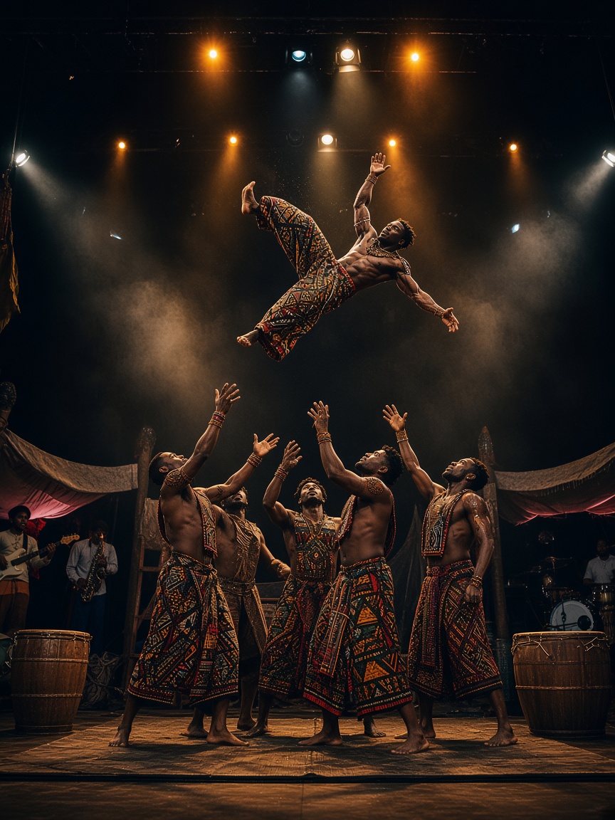 Tumbler mid-flip above a dark stage
