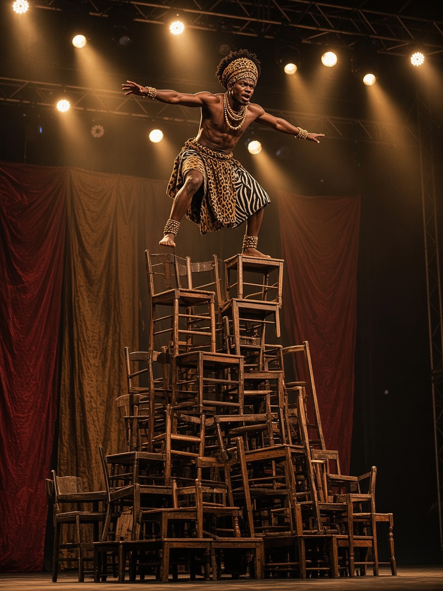 Performer balancing atop a towering stack of chairs