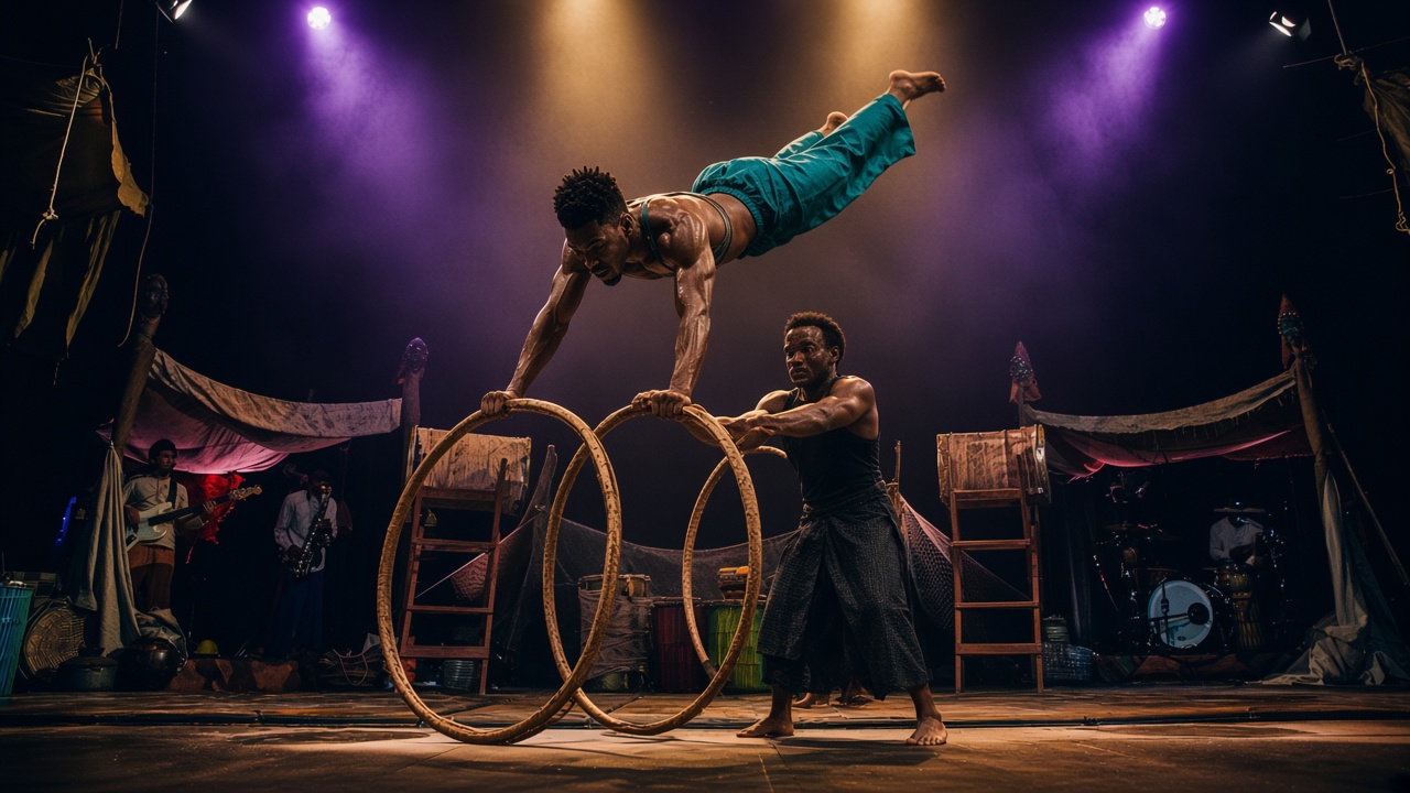 Acrobat diving through stacked wooden hoops on a gold-lit stage