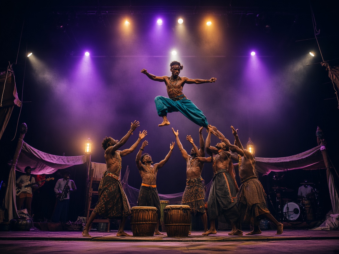 Afrikan Warriors acrobat in mid-air with live musicians on stage