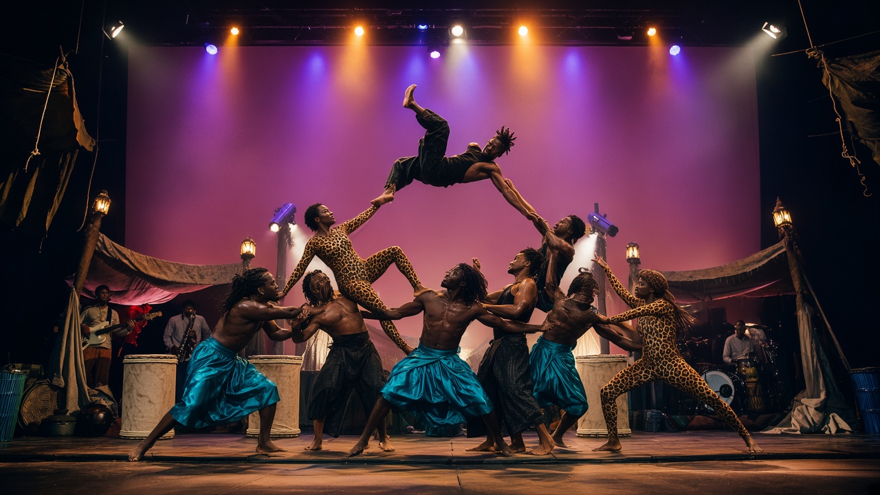 The company holding a flyer in a stage pyramid