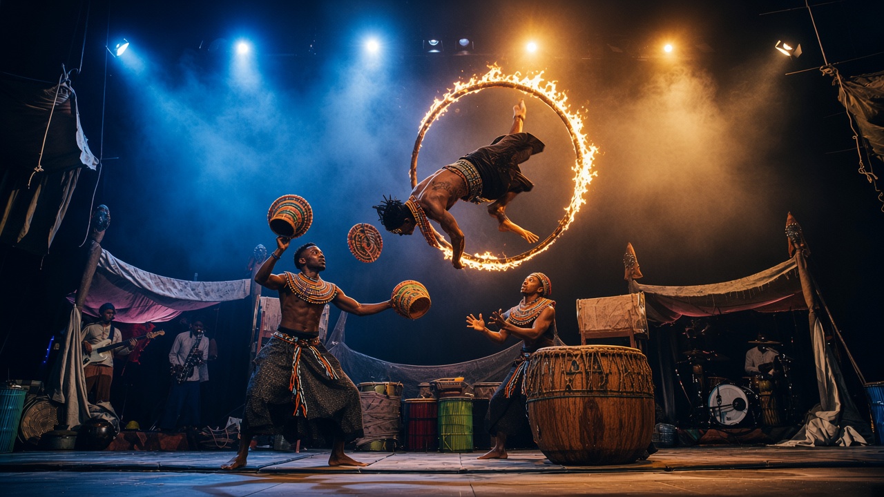 Afrikan Warriors acrobats mid hoop diving and hat juggling on stage