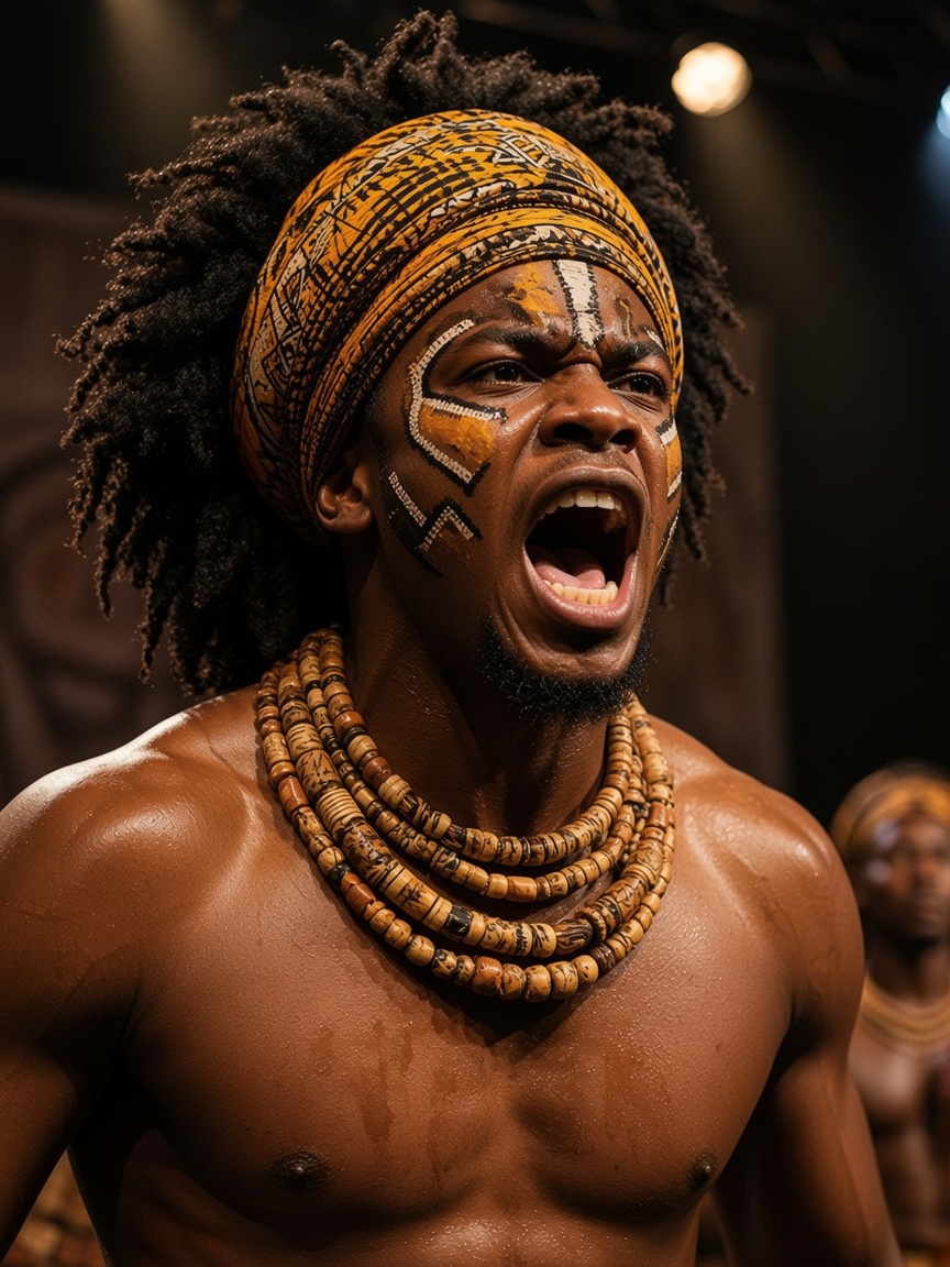 Lead performer in the Rizombe King production with tribal face paint