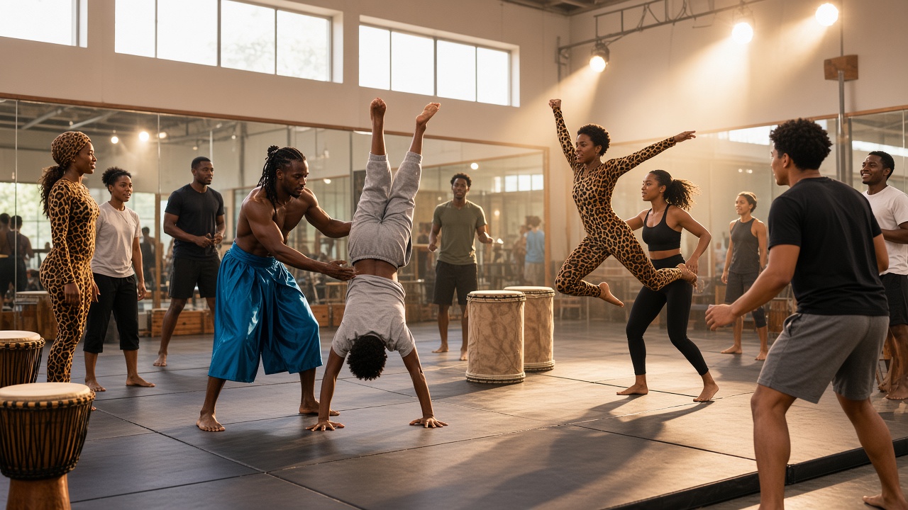 Afrikan Warriors performer mid-leap during a high-energy acrobatic routine